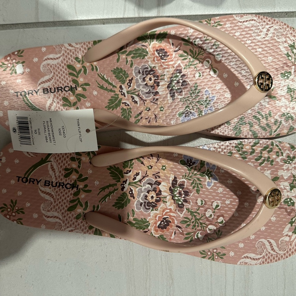 Tory Burch Pink Floral Sandals with Metallic Straps
